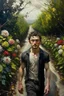 Placeholder: Oil painting expresses a road full of beautiful flowers and around this road thick thorns and at the end of the road stands a very handsome man with black hair oil painting