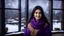 Placeholder: Hyper Realistic Photographic View Of A Gorgeous Pashto Young Woman (Wearing Long Purple Coat, Black Dress With Golden Embroidery & Wearing Purple Scarf On Her Neck) Alone Happily Standing & Smiling In Her Office Room With Her Beautiful Long Black Hair, With A Little Garden View From Outside Window At Dark Night With Heavy Snowfall View From A Fancy Window At Her Back Showing Dramatic & Cinematic Ambiance.