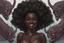 Placeholder: sexy dark-skinned woman smiling with half her face shapeshifted into monsters fantasy dnd art