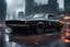 Placeholder: photo of a retrofitted cyberpunk 1969 Dodge Charger r/t wit (battered:1.6) with battered chassis, heavy industrial accessories fitted on hood, sides and roof, blackened tinted windshields, aggressor thin led headlights and rusty dark rims, menacing car style, cyberpunk city scene in background, towering skyscrapers, heavy rain