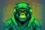 Placeholder: futuristic vector illustration of a full body friendly gorilla with glasses and cap and technical elements in green-blue colours
