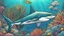 Placeholder: comic style, realistic coloring, underwater, coral reef, shark