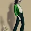 Placeholder: Woman with crutch, back, black trousers, green shirt, render background, brown hair