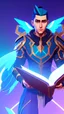 Placeholder: a human male with blue short hair and blue wings in assymetrical armor with geometric patterns and a book in hand, geometric wings