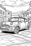 Placeholder: coloring page, car Mini Cooper alternative parked on the asphalt street, cartoon style, thick lines, few details, no shadows, no colors