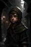 Placeholder: A rogue halfling on dark street, without hood, D&D, DnD, malicious, grimdark, beautiful face
