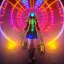 Placeholder: Sweet cyber beewoman, Rosalia artist, cold ambient, rain, fog, latex, cables, purpurin, black, gold, rings piercing, yellow, decorative color feathers, circuits, neon style, a lot of led lights, fog, rain, vibrant color, highly detailed, art stations, concept art