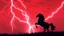 Placeholder: silhouetted horse rearing up(on right, facing left, outlined by lightning), red cloudy sky, lightning bolts(from top left, to bottom right), fantastic illustration