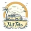 Placeholder: A retro camper van parked by the ocean, nostalgic, carefree, golden hour lighting, T-shirt design graphic, vector, contour, white background. WITH A FISH BEHIND IT AND WORDS\"Summer is a time to relax \"IN WHIT LET-TERS.THE BACK