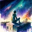 Placeholder: A watercolour painting,A drug-addicted person sits on a rooftop, gazing at the stars, while their mind envisions a meeting with benevolent aliens who share profound wisdom and advanced technology, offering a glimpse of a utopian intergalactic civilization.