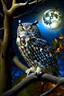 Placeholder: a horned Owl sitting on branch in oak tree with full moon behind it