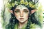 Placeholder: fantasy watercolor portrait of a young female forest druid elf with bright green eyes, black hair with a few small green braids. wearing a crown of blossoms. yellowish-brown skin and green freckles. background primeval forest