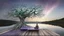 Placeholder: back to the camera a figure sittings on amorph bench in a beautiful landscape and overlooking the water of the nearby lake, calm, harmonious atmosphere, muted dark colors, purple, white, gray, green, blue, brown, silver, and pale colors, ,not too colorful colors, Whimsical style and giant stunning neuron network all over the sky, half shadow and half light picture, surreal stunning vibe