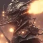 Placeholder: close-up of a insect with samurai armor breathing out smoke in a low-light japanese city street with laterns, realistic, steampunk, 3d-art, futuristic, minimal design, unreal engine