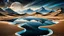 Placeholder: Abstract Landscape with surreal iced desert, mountains, iced water, reflections, sharp lights and shadows . The scene features circles, lines and ovals, all enhanced by overlapping, adding depth and dimension. In the scene old bones lying in sand in the right side. The sky is dramatic, filled with swirling dark clouds , creating an intense atmosphere. The color palette consists of rich, deep hues, watercolor and dark ink, like a dark dream