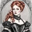 Placeholder: detailed pen drawing of a athletic petite pale russian redhead woman 30yo, long eye lashes, eye shadow, eye liner, Wearing A victorian Corset Dress