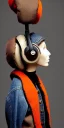 Placeholder: Brunette she. average body type. big head. Mantle is sewed of upcycled Denim and sewed together of camouflage pieces. Pieces' color are orange,terracotta, cream and purple. It is with big bright purple felt tippet and cream-colored-hood. mantle is merged with satchel. . Big AKG-style headphones (gold rings!) is merged with small felt cap with small visor. Style: Haute Couture in 1910's, Paris fashion in 2030, inspired by street art. Cream latex gaiter. Her head and rest body!