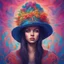 Placeholder: Here's the vibrant and colorful portrait of a emotionel being wearing a hat, set against a fantasy-style background.