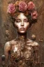 Placeholder: an abstract painting of rusted metal and flowers, heart filled with love African slave lady working, rust, scaffolding, iron cladding, decay, mixed media, textured, anatomically correct, beautiful perfect face, sharp focus, highly detailed