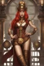 Placeholder: full body and headshot of a skinny Cleopatra, with long straight red hair, standing in a steampunk setting.