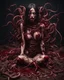 Placeholder: Petit weird woman with many worms from his body, sit pose, fullbody, splashes blood, behind guts rising from the ground, darkred tones, macro photography,