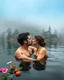 Placeholder: Portrait Romantic European couple swimming kissing together in lake Wonderful landscape fantasy early morning heavy fog photography art Rivendell village,lake,magical forest and houses,beautiful mushrooms,roses flowers,little waterfall,lake,close up photo beautiful romance couples on swimming together in lake