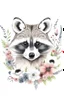 Placeholder: Typography portrait of a raccoon with flowers around her on a white background.