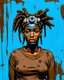 Placeholder: arafed minimal crude sketchy, abstract acrylic and ink painting: gritty post-apocalyptic portrait of a Black woman with dreadlocks and a mechanical headpiece. Her crude and vague face features dirt and bright blue paint. She wears distressed brown clothing against an abstract background of vertical cyan and brown paint streaks