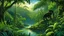 Placeholder: central African rainforest with dense vegetation and forest clearings, winding jungle river reflecting sunlight, gorillas near the water, colorful birds in the canopy, towering tropical trees and thick vines, warm humid atmosphere, naturalist illustration style, highly detailed