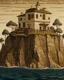 Placeholder: A tan opera house on a rocky island designed in medieval tapestry painted by John Brack
