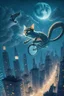 Placeholder: A pedaling cat riding a bicycle is flying at night in the sky over tall buildings.