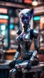 Placeholder: full body portrait of robotic dark elf panther drow princess chilling at the metro barber shop tool shed,bokeh like f/0.8, tilt-shift lens 8k, high detail, smooth render, down-light, unreal engine, prize winning