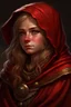 Placeholder: grizzled female dwarf stonemason red cloak flaxen hair portrait Fantasy