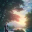 Placeholder: In the anime, a young male character is near the green lake in the sunset afternoon.