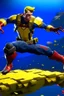 Placeholder: Create a picture of captain america falling from the skye to a pit next to reverse Flash animated like fortnite