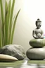 Placeholder: delicate background with spa stones and bamboo stem, in the background there is a female figure statue, photorealistic photo