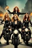 Placeholder: Poster for an action film called "The Motorbike Girls" starring Katherine McNamara, Margot Robbie and Georgia Henshaw wearing tight leather catsuits.