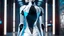 Placeholder: picture from behind the human android female with short white hair, white albino skin , she wearing black-silver-white colors futuristic fashion cloths, full body, she walking in high-tech futuristic office, sci-fi mood, ultra detailed, high contrast, Professional photography