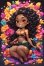 Placeholder: A sassy thick-lined airbrushed cartoon black chibi girl lounging lazily on her side, surrounded by colorful flower petals. She has a golden lion tail curling playfully behind her curvy body. Looking up coyly, she grins widely, showing teeth. Her poofy hair forms a mane framing her confident, regal expression.