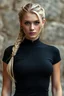 Placeholder: A slightly pale skinned very fit woman in a skin tight black body suit with blond hair that fades to silver at the tip. the hair should be in a tight braid resting over her shoulder. the woman should be facing directly toward the camera. medieval