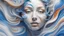 Placeholder: A female face, made of a vibrant and abstract representation of fluid dynamics. It features swirling patterns of colors, predominantly in shades of mostly white, and small amount of blue, that seem to be in motion. The patterns are non-symmetrical, with the colors flowing and intertwining in a mesmerizing manner. The image gives an impression of a liquid or gas in motion. focus on the face eyes. This should reflect a transparent effect.