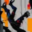 Placeholder: Minimal abstract oil painting of a falling person limbs sinew twisted .triadic colour. Amongst concrete fragments brutalist architecture and hanging wires illuminated at night. In the style of Justin Mortimer and Phil Hale and Ashley Wood