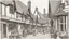 Placeholder: A Paved Courtyard, With Tudor Gothic Houses, Tall twisted Chimneys, twisted Roofs, People, Shops,