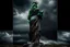 Placeholder: the statue of liberty, dress dirty and torn, her face solemn and terse, trash littered at her feet, she holds a crumpled american flag, she walks away with back turned under a dark and dreary sky, wide angle