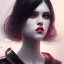 Placeholder: girl, cute, beautiful, white eyes, red lips, black hair with bangs, goth, close up portrait by Greg Rutkowski