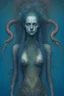 Placeholder: A beautiful girl with a colorful peacock long hair , snake like full body, front view . decayed and rotting with grotesque proportions and imagery. grotesqueries, detailed texture, surreal horror, biomechanical design, by hr giger and beksinski , on blue color