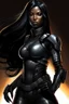 Placeholder: A dark-skinned space warrior woman with long black hair, wearing a black leather catsuit and carrying a plasma rifle