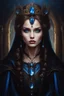 Placeholder: painted portrait of a young gothic queen with brown hair and blue eyes, very beautiful, dark fantasy