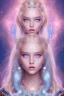 Placeholder: cosmic petite princesse belle fine, cheveux longs,profil de trois quart, grand front cosmique, peau bleu cristalline, yeux bleu, perle sur le front long cheveux blond et rose etoilé, cristaux sur le corps, collier de grande princesse, levres souriante, très jolie sourire