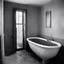 Placeholder: In the surreal realm of vintage photography, a haunting image emerges - Lee Miller, the intrepid war photographer, finds herself standing in Hitler's bathroom. The chilling history of the place weighs heavy on her as she gazes at the empty tub once occupied by the tyrant himself. The stark reality of the room, once a sanctuary for evil, now a haunting relic of the past, surrounds her.. The eerie atmosphere is intensified by overcast lighting and stained surroundings. The shallow depth of field a